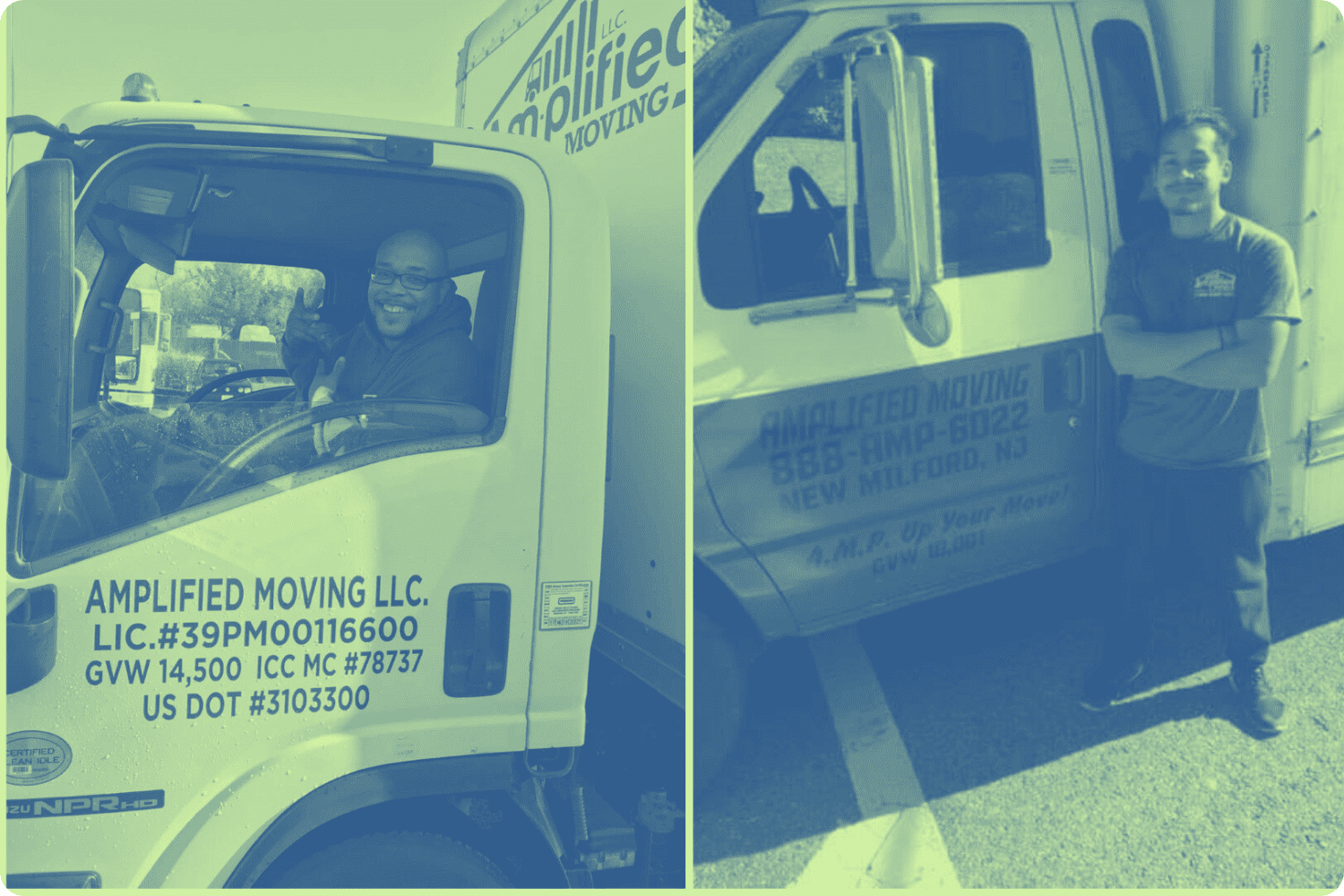 Happy person saying hi from the window of a parked truck. Amplified moving team member posing beside a truck