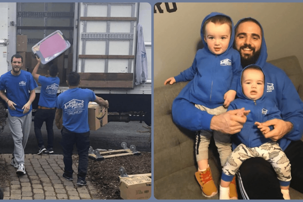 Amplified moving team loading a semi truck with boxes and a man sitting cheerfully with two children.