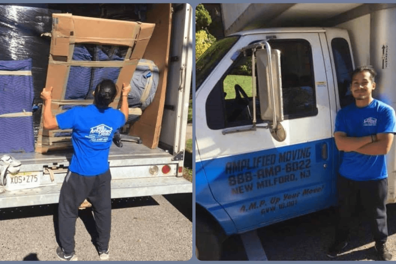 Man carefully unloading covered furniture. Amplified moving team member posing beside a truck