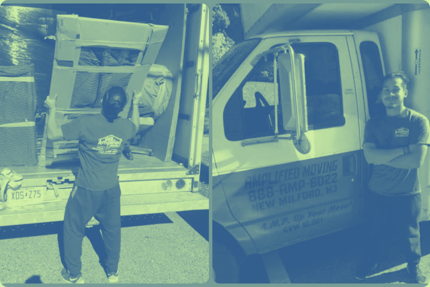 Man carefully unloading wrapped furniture and an Amplified moving team member posing beside a truck