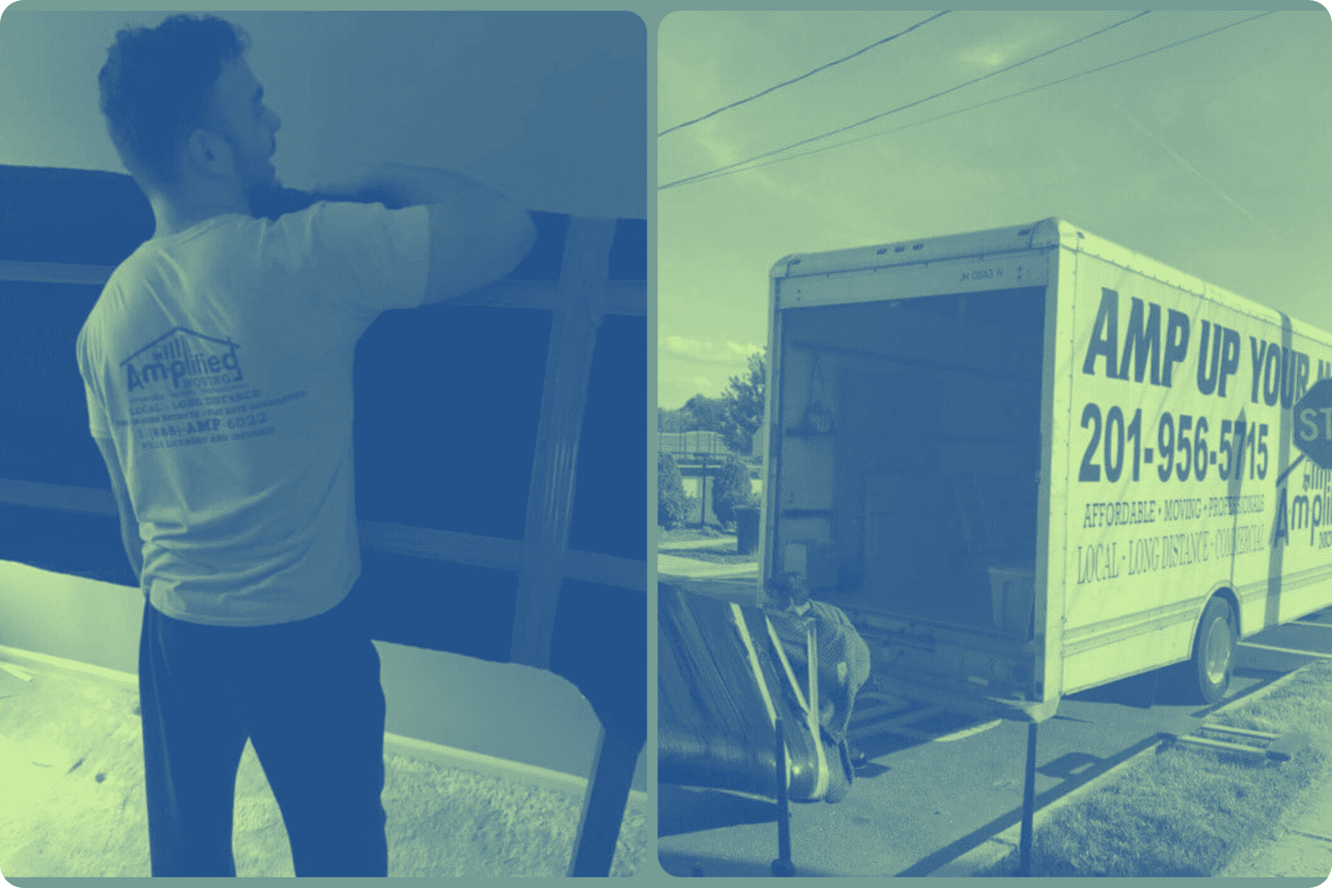 Man moving a carefully wrapped furniture and Amplified moving labeled truck