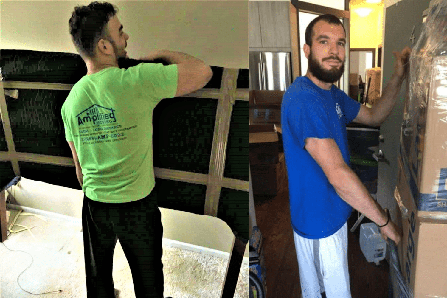 Men moving carefully wrapped furniture and large electronics