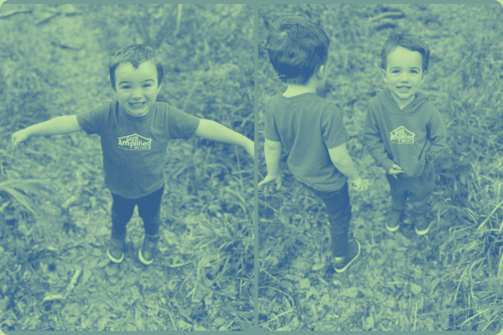 three children wearing amplified moving shirts and hoodies