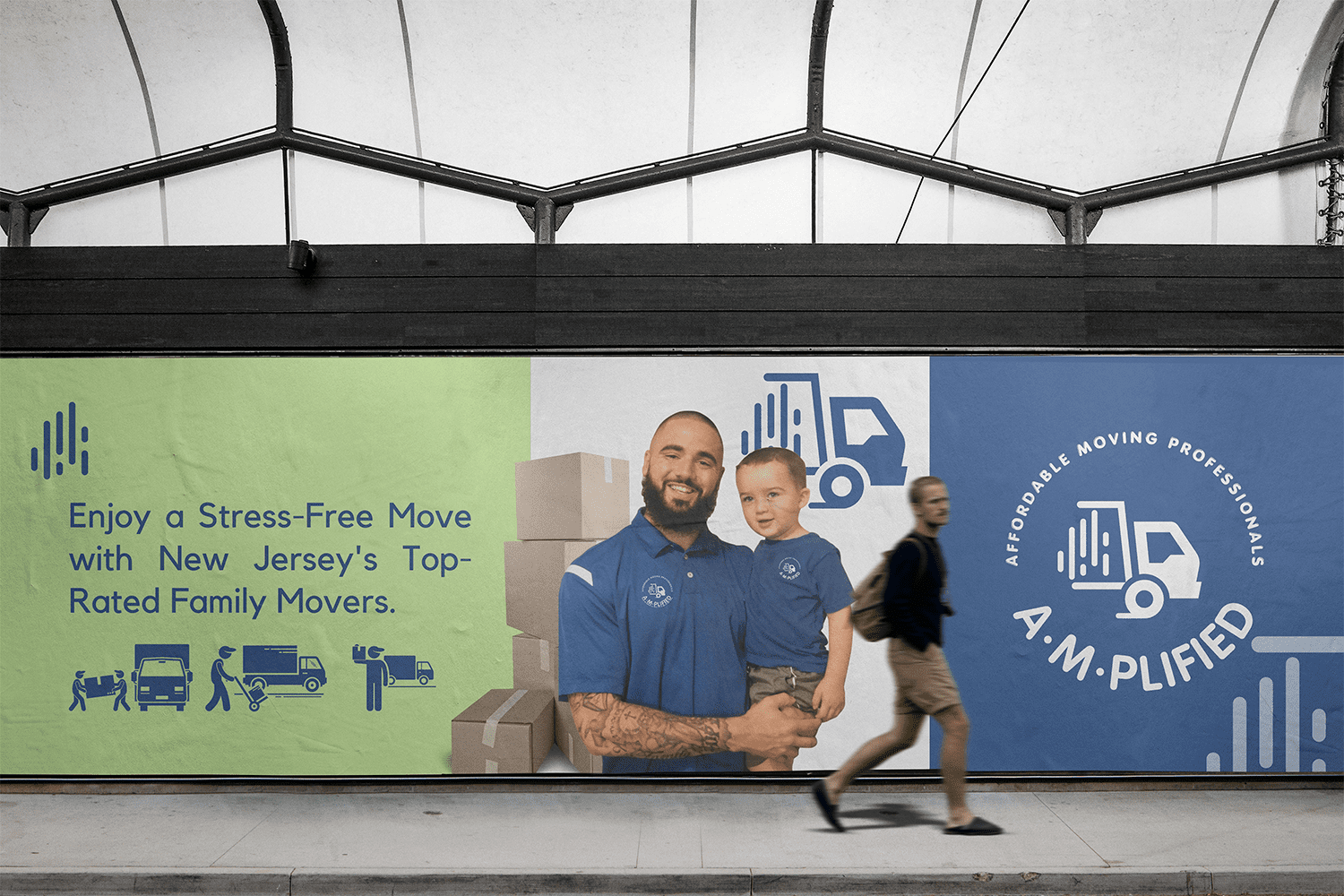 A banner in a subway station with amplified moving logo and a sign that reads: Enjoy a Stress-Free Move with New Jersey´s Top-Rated Family Movers.