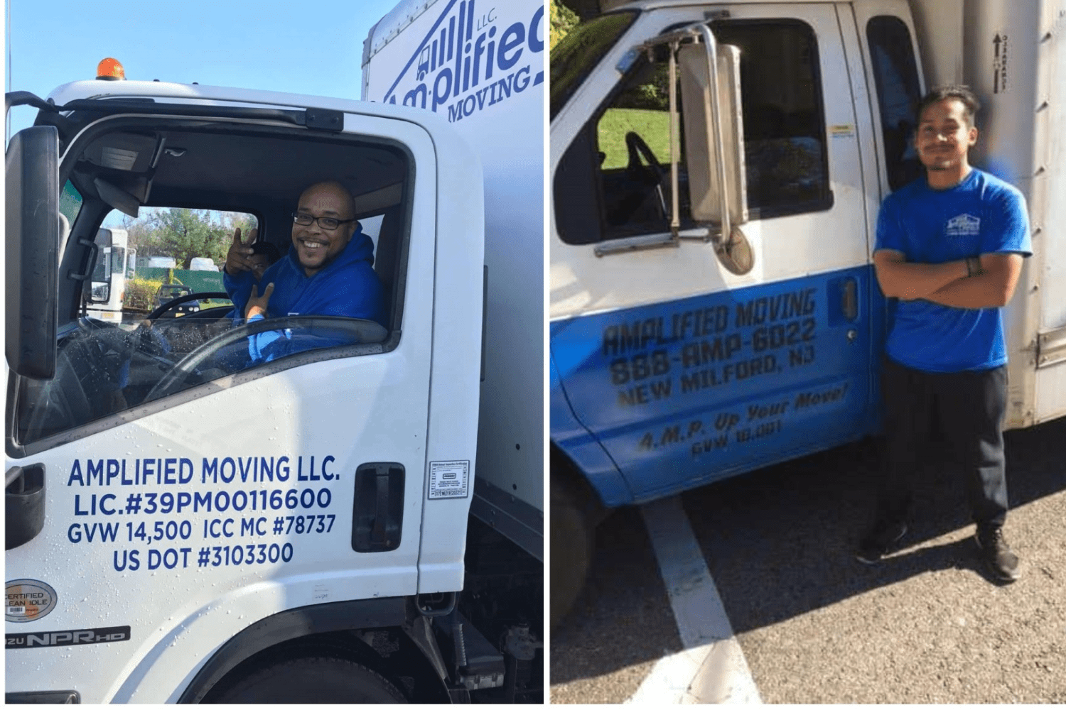 Happy person saying hi from the window of a parked truck. and Amplified moving team member posing beside a truck