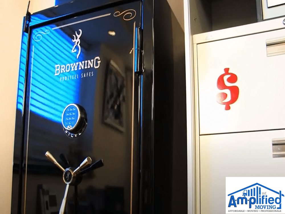 Gun safe near a desk.