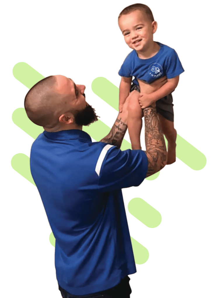 happy father and son with amplified moving shirts