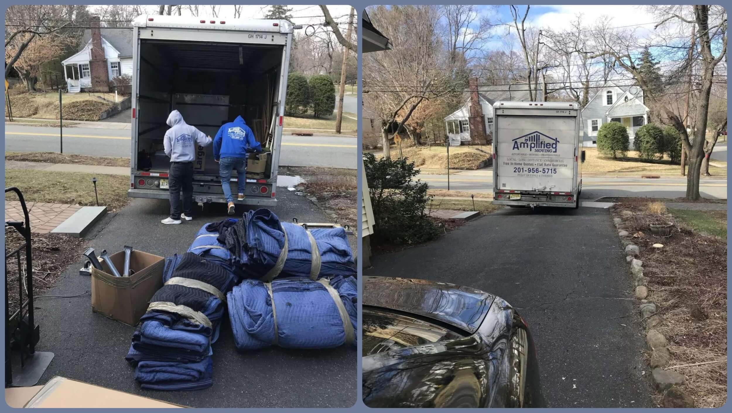 Movers parking in a driveway and loading big items.