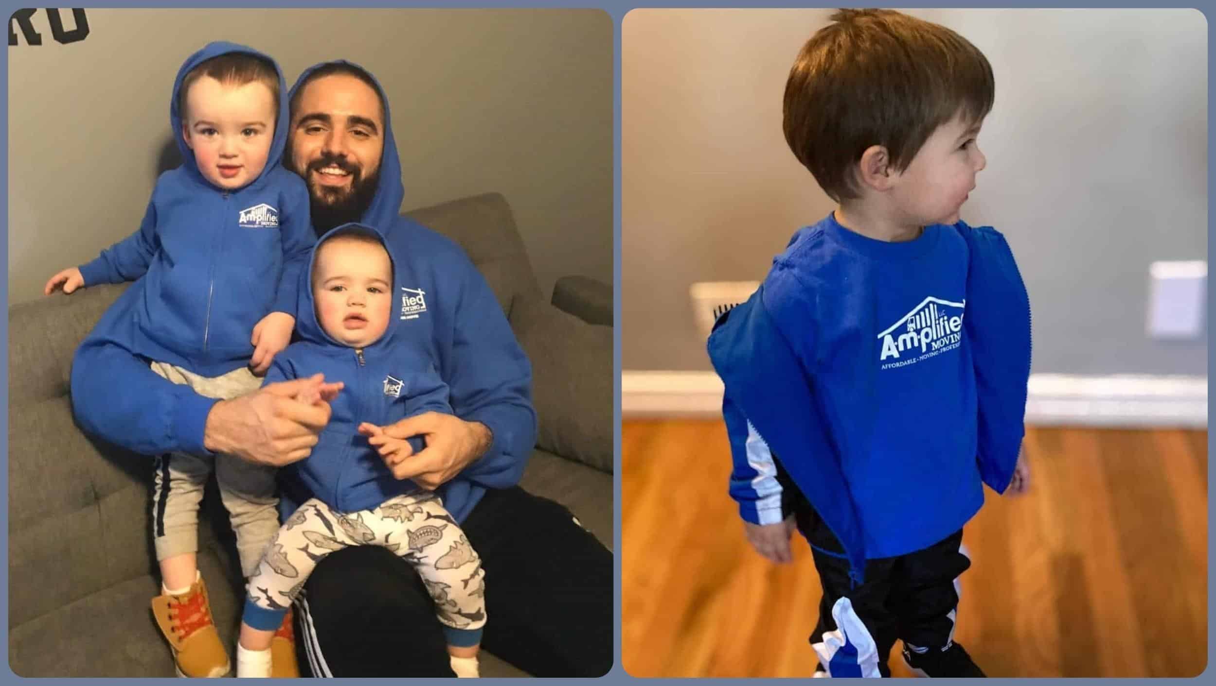 Man with two happy children sitting in a couch wearing amplified moving hoodies and shirts.