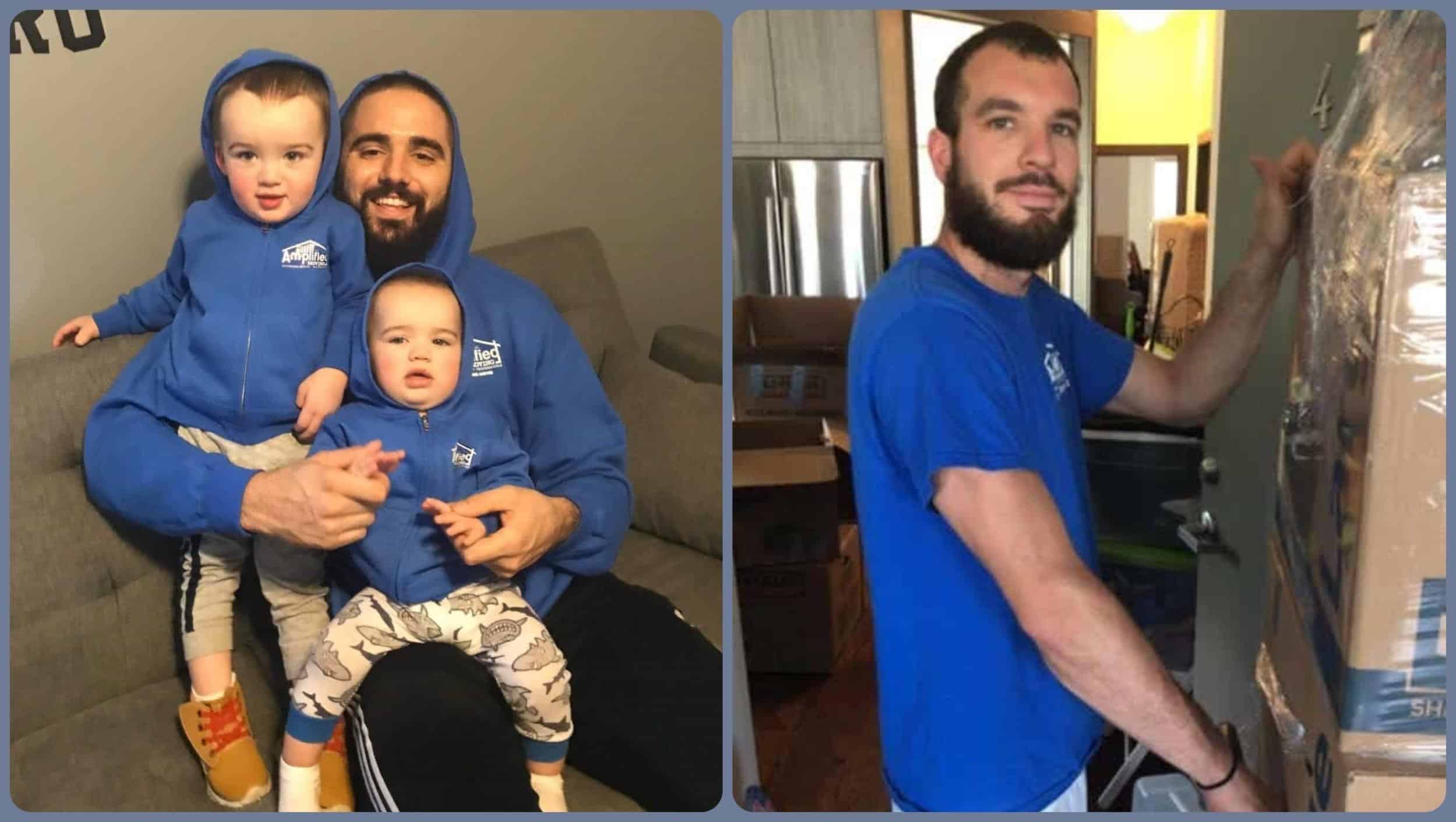 a man sitting cheerfully with two children wearing amplified moving hoodies and an amplified moving team member moving a large kitchen appliance