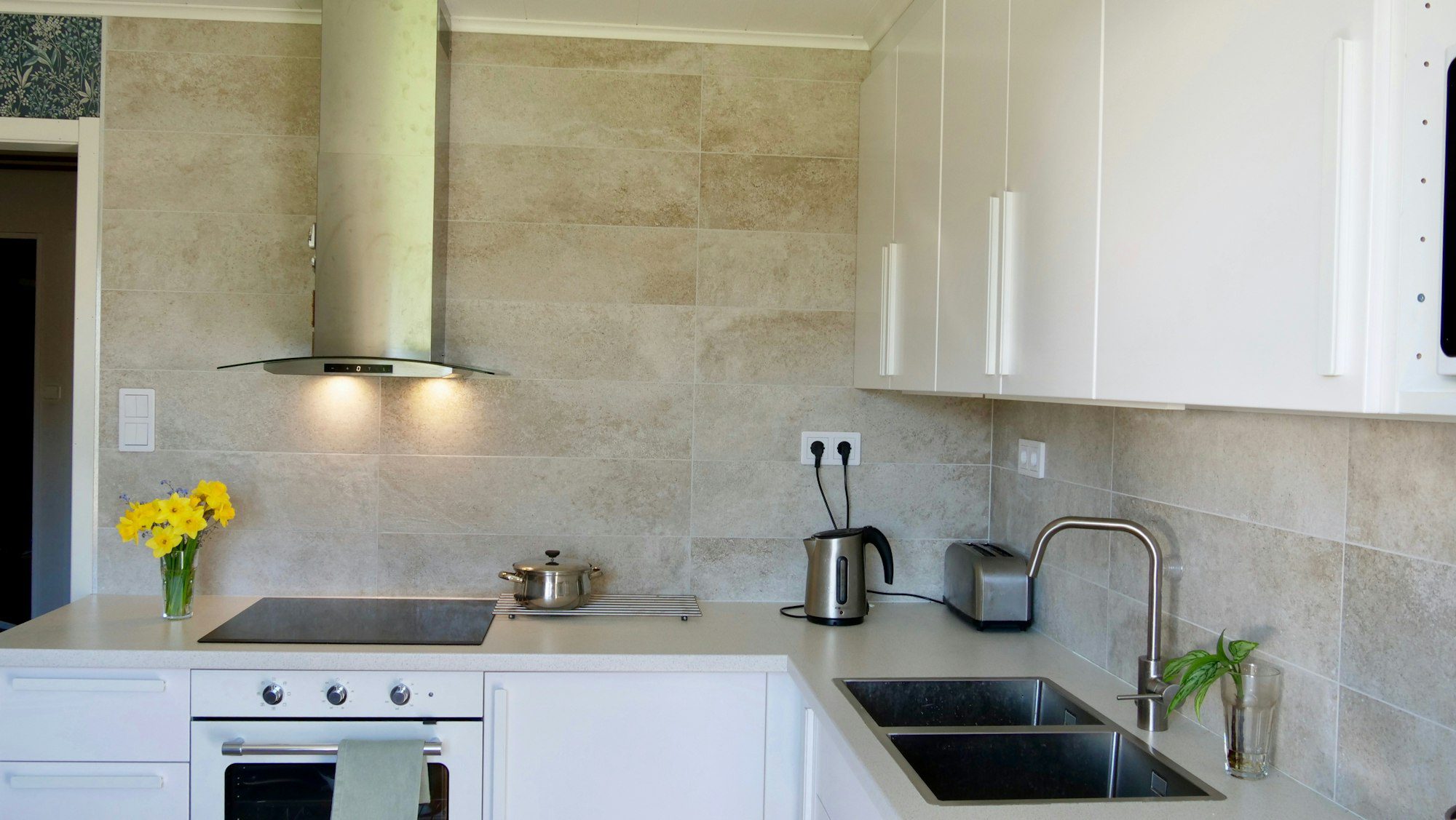 new kitchen room, with modern appliances and shelves